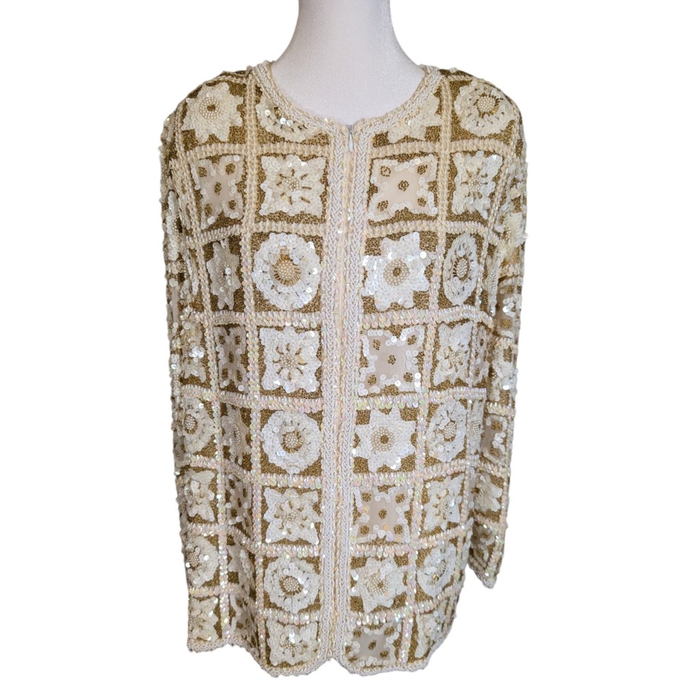 Galleria International Vintage Silk Beaded Sequin Jacket Gold Cream Floral Sz 14